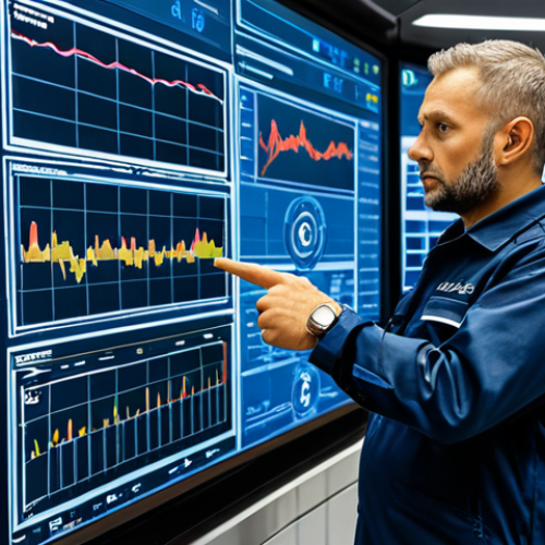 A professional railway engineer, fully clothed in a neat, modest uniform, standing in a high-tech railway control center. Multiple large display screens show real-time sensor data, AI-driven analytics, and predictive maintenance graphs for train systems and tracks. The engineer is pointing towards a screen with a confident and focused expression, demonstrating engagement with the data. The setting is bright, clean, and futuristic, emphasizing advanced technology. safe for work, appropriate content, fully clothed, professional, perfect anatomy, correct proportions, natural pose, well-formed hands, proper finger count, natural body proportions, professional photography, high quality.