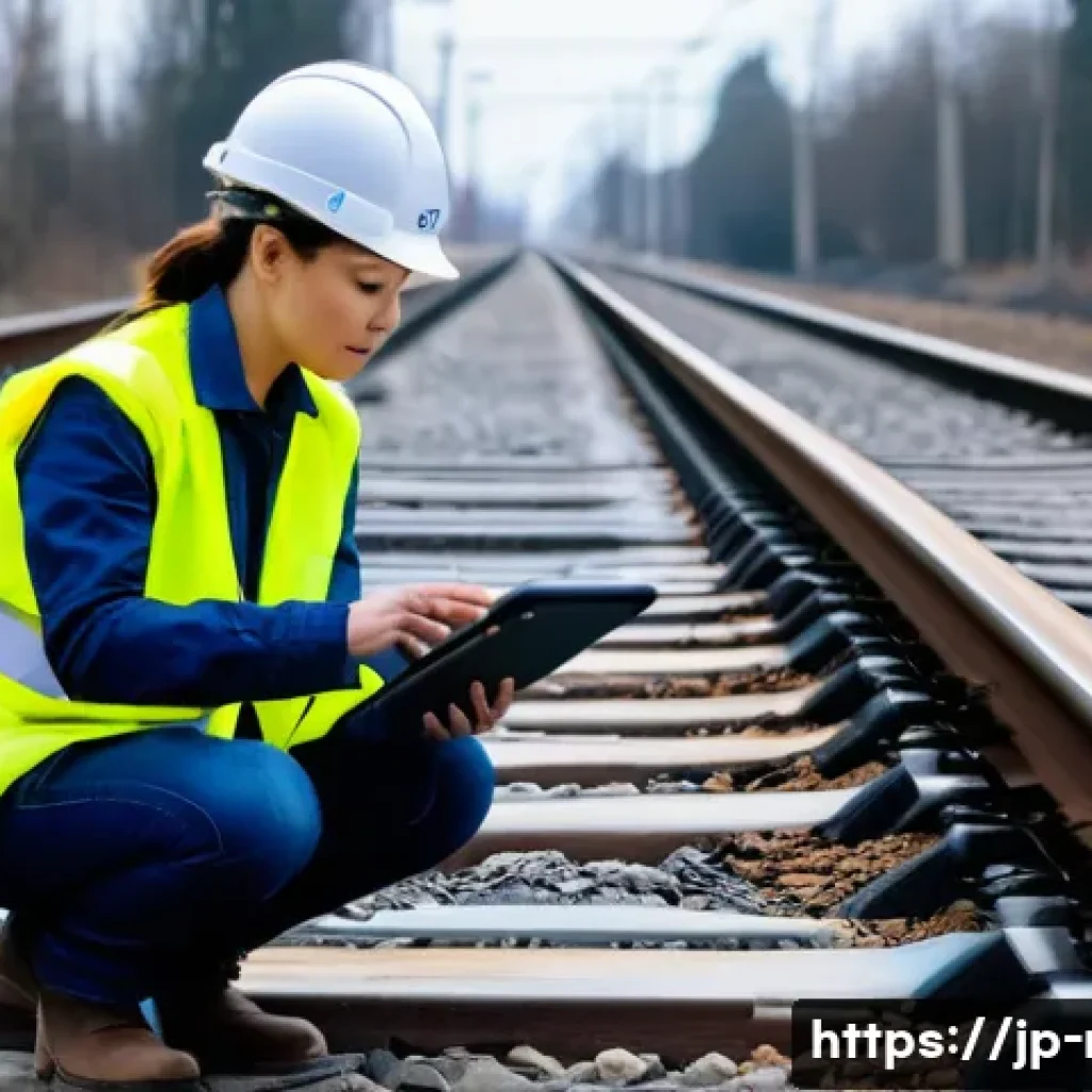 철도 유지보수 장비 리뷰 - **Prompt:** A female railway maintenance worker, mid-30s, wearing a high-visibility safety vest, har...