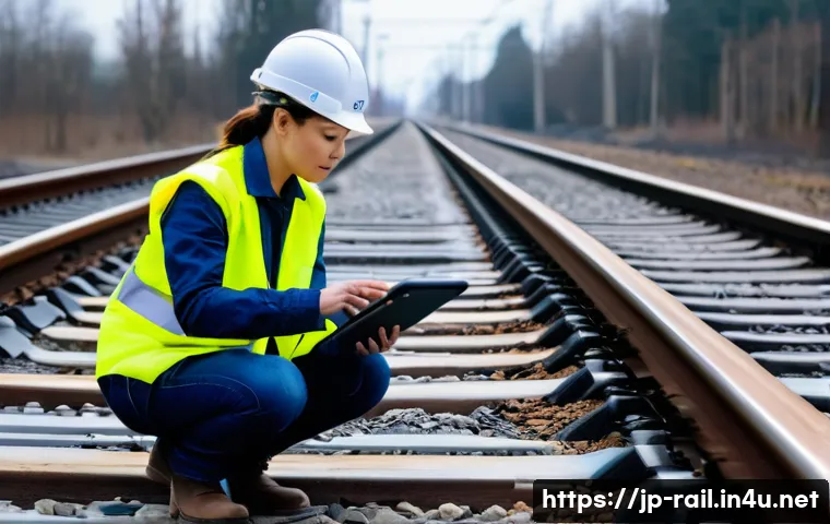 철도 유지보수 장비 리뷰 - **Prompt:** A female railway maintenance worker, mid-30s, wearing a high-visibility safety vest, har...