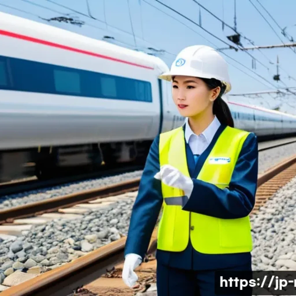 철도기사 자격증 실무 활용 사례 - **Prompt:** A dynamic scene featuring a bright, energetic young Japanese female railway professional...
