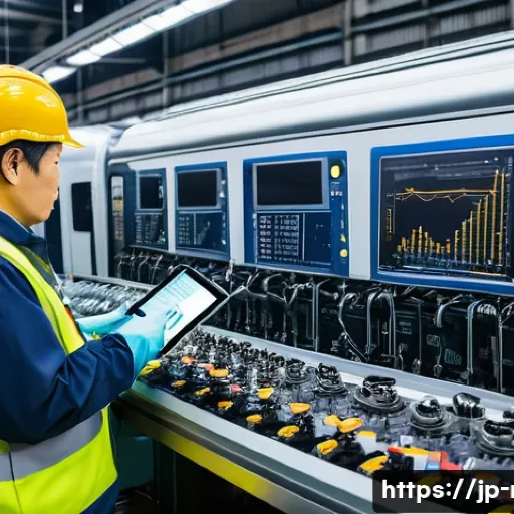 철도 차량 정비 매뉴얼 분석 - A detailed scene inside a modern railway maintenance workshop in Japan, showing skilled technicians ...