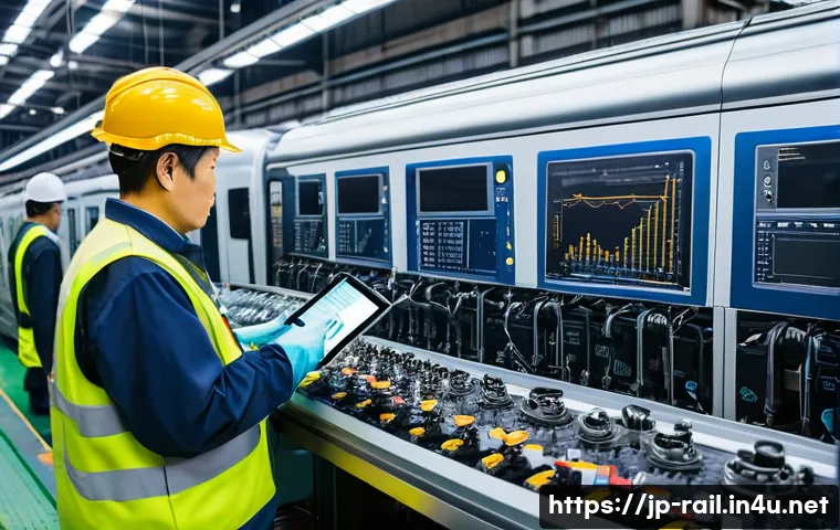 철도 차량 정비 매뉴얼 분석 - A detailed scene inside a modern railway maintenance workshop in Japan, showing skilled technicians ...