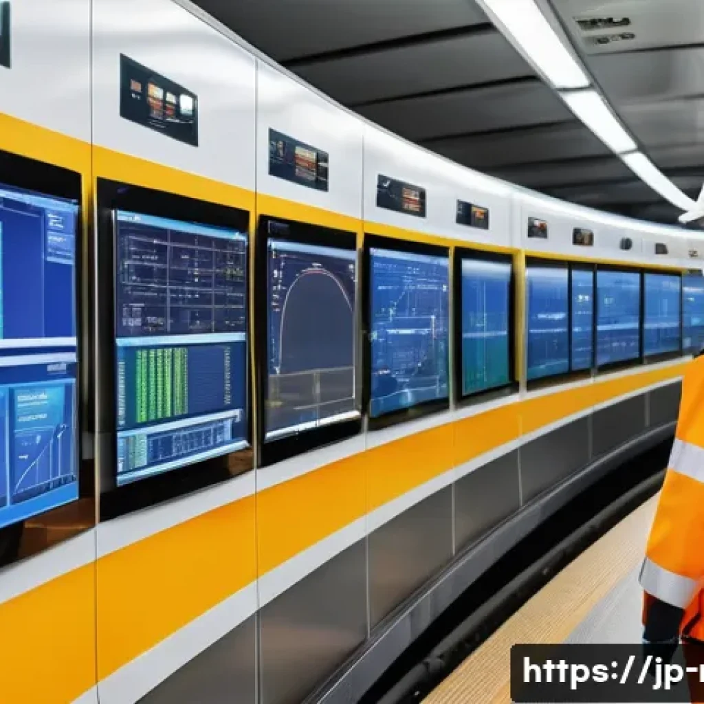 철도 정비 업무 프로세스 - A high-tech railway maintenance workshop featuring engineers wearing safety uniforms and helmets, op...