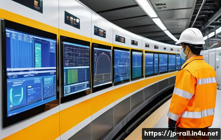 철도 정비 업무 프로세스 - A high-tech railway maintenance workshop featuring engineers wearing safety uniforms and helmets, op...