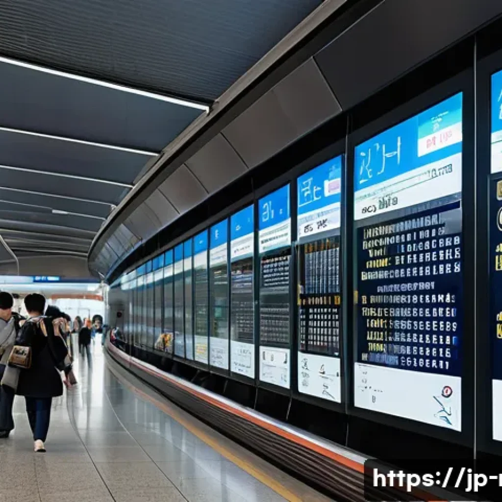 철도 디지털화 기술 - A modern Japanese train station interior featuring sleek digital signage displays showing real-time ...