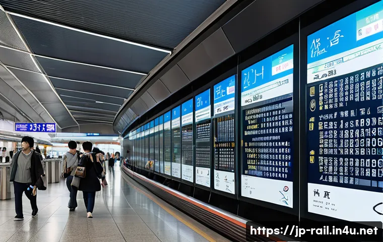 철도 디지털화 기술 - A modern Japanese train station interior featuring sleek digital signage displays showing real-time ...
