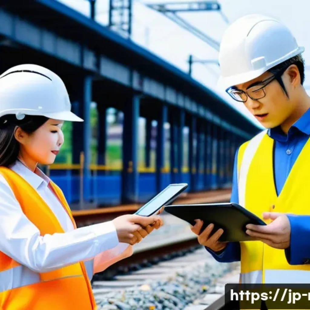 철도기사와 협력업체 관계관리 - A detailed scene of a modern railway construction site in Japan during daytime, showing Japanese rai...