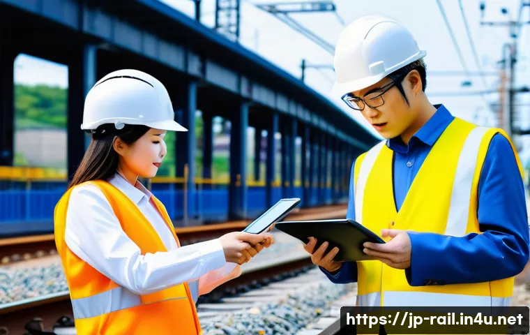 철도기사와 협력업체 관계관리 - A detailed scene of a modern railway construction site in Japan during daytime, showing Japanese rai...