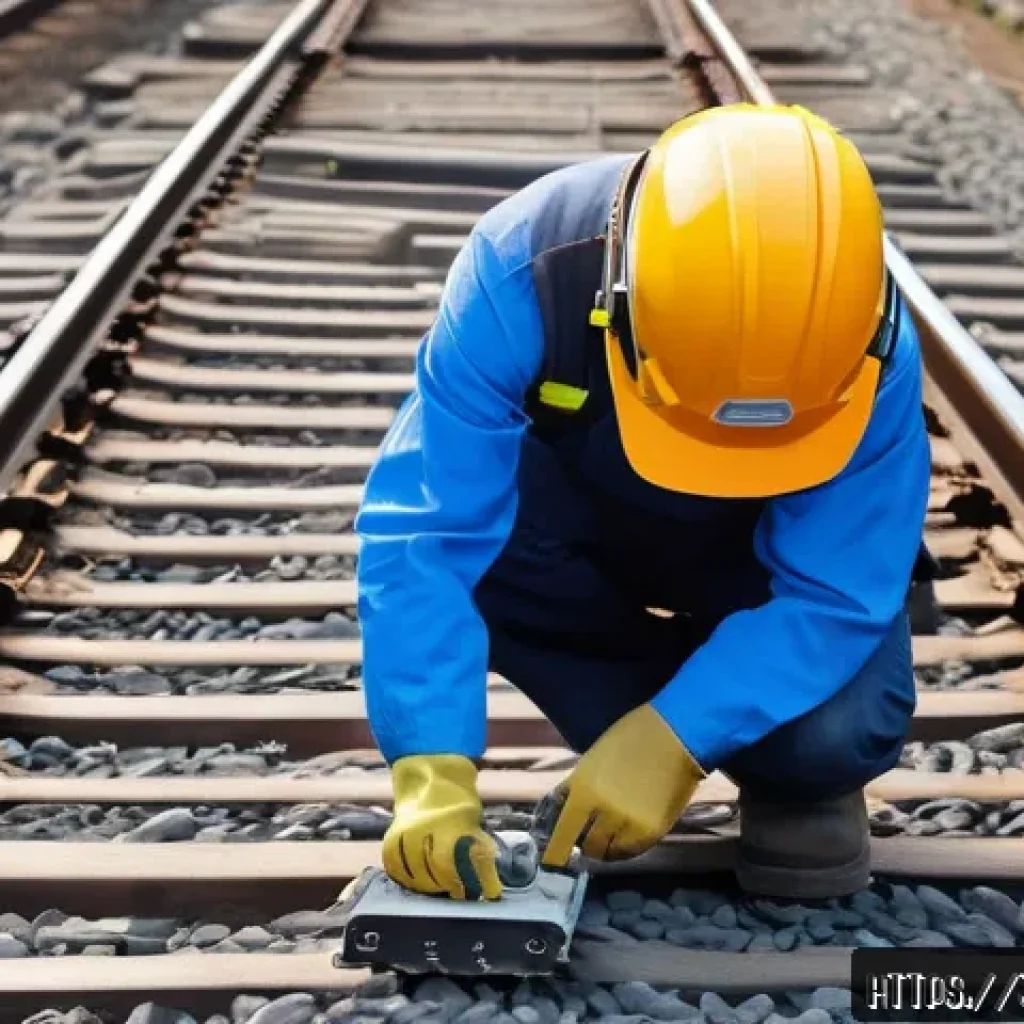 철도 유지보수 필수 장비 - A modern railway maintenance scene featuring a technician using a compact handheld vibration sensor ...