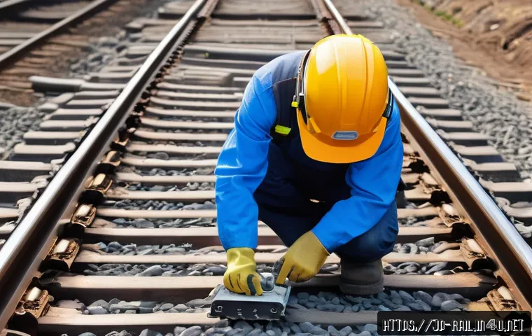 철도 유지보수 필수 장비 - A modern railway maintenance scene featuring a technician using a compact handheld vibration sensor ...