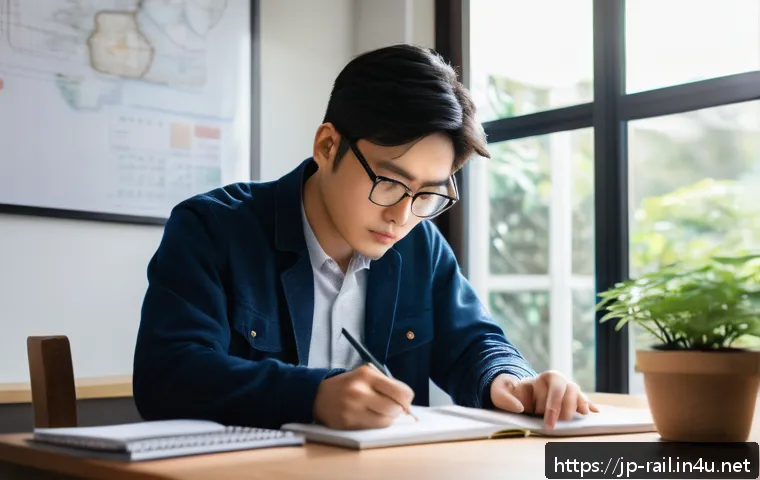 철도기사 합격 수기 - A focused Japanese railway engineer studying at a neat desk in a dedicated study space at home, surr...