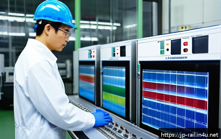 철도 차량 부품 신뢰성 테스트 - A high-tech composite material fatigue testing laboratory for railway parts, showing advanced machin...
