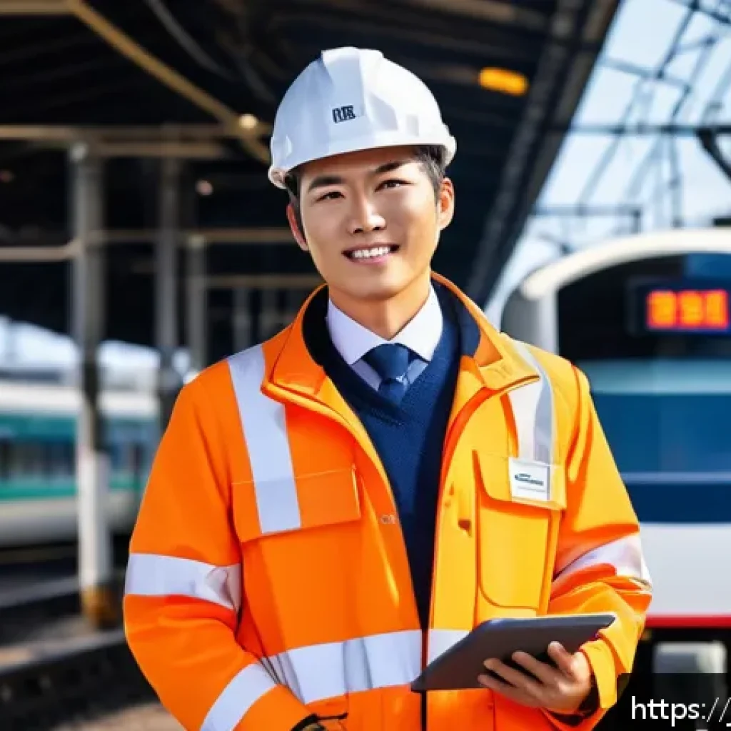 철도기사 합격 이후 커리어 발전 - A Japanese railway engineer wearing a clean, professional uniform with a visible company logo patch,...