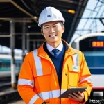 철도기사 합격 이후 커리어 발전 - A Japanese railway engineer wearing a clean, professional uniform with a visible company logo patch,...