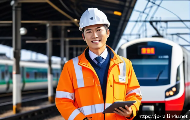 철도기사 합격 이후 커리어 발전 - A Japanese railway engineer wearing a clean, professional uniform with a visible company logo patch,...