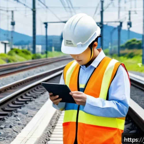 철도 현장에서 필요한 실무 기술 - A detailed scene of a modern Japanese railway maintenance worker wearing a smart safety helmet and I...