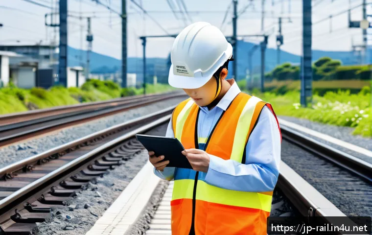 철도 현장에서 필요한 실무 기술 - A detailed scene of a modern Japanese railway maintenance worker wearing a smart safety helmet and I...