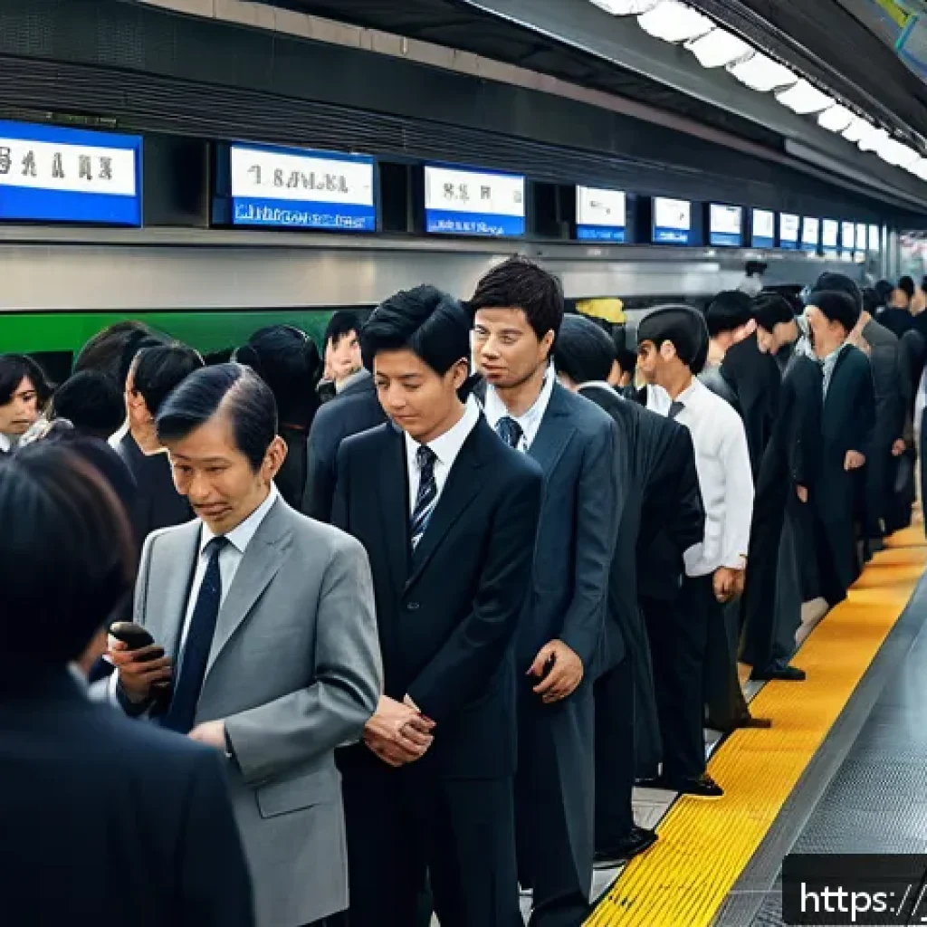 철도 신호장치 고장 사례 - A detailed scene of a busy Japanese urban train station during a signal malfunction, with passengers...