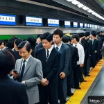 철도 신호장치 고장 사례 - A detailed scene of a busy Japanese urban train station during a signal malfunction, with passengers...