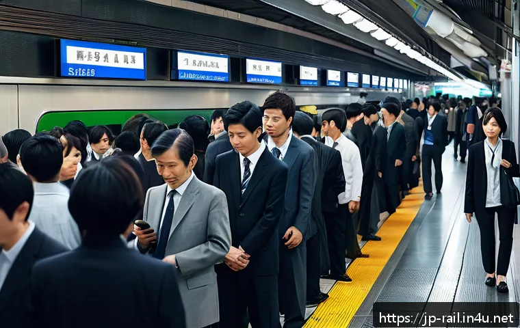 철도 신호장치 고장 사례 - A detailed scene of a busy Japanese urban train station during a signal malfunction, with passengers...