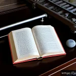 철도 용어 사전 - Photorealistic overhead still life of a Japanese railway terminology reference concept, an open unma...