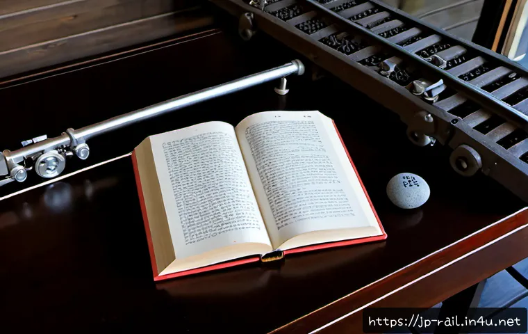 철도 용어 사전 - Photorealistic overhead still life of a Japanese railway terminology reference concept, an open unma...