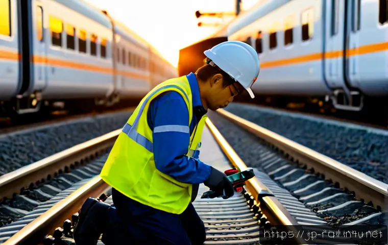 철도기사 업무 사례 공유 - Photorealistic Japanese railway maintenance technician in a clean reflective safety vest and hard ha...
